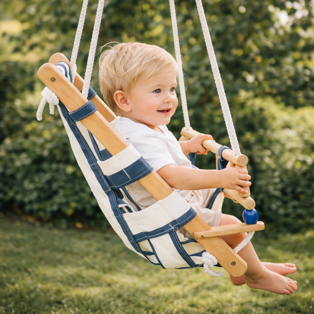 Детска дървена люлка тип шезлонг GINGER HOME, използвана в градина