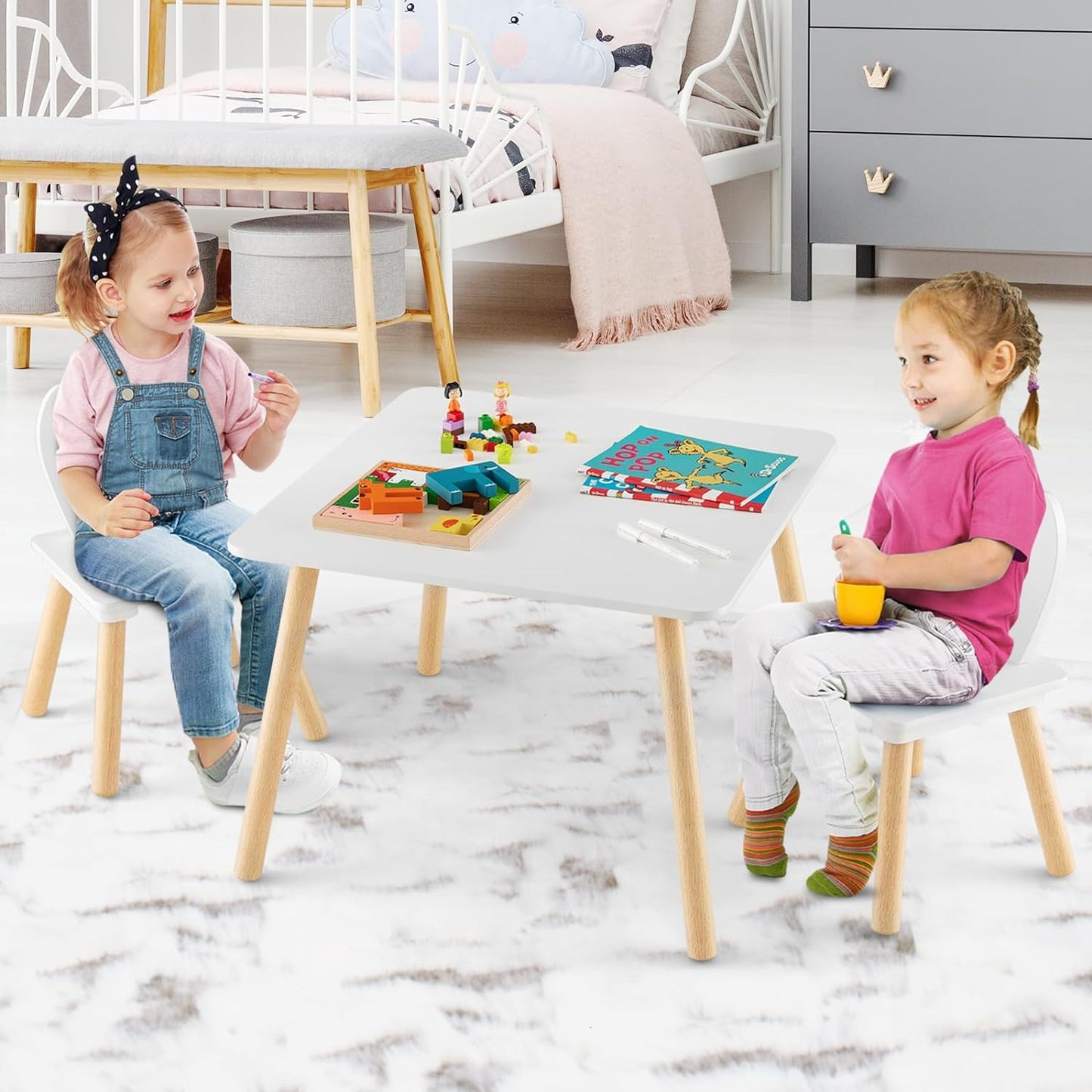 Детска Дървена Маса с 2 Столчета BUNNY, Комплект за Учене, Рисуване, Игра, Хранене, за Детска Стая, Бял