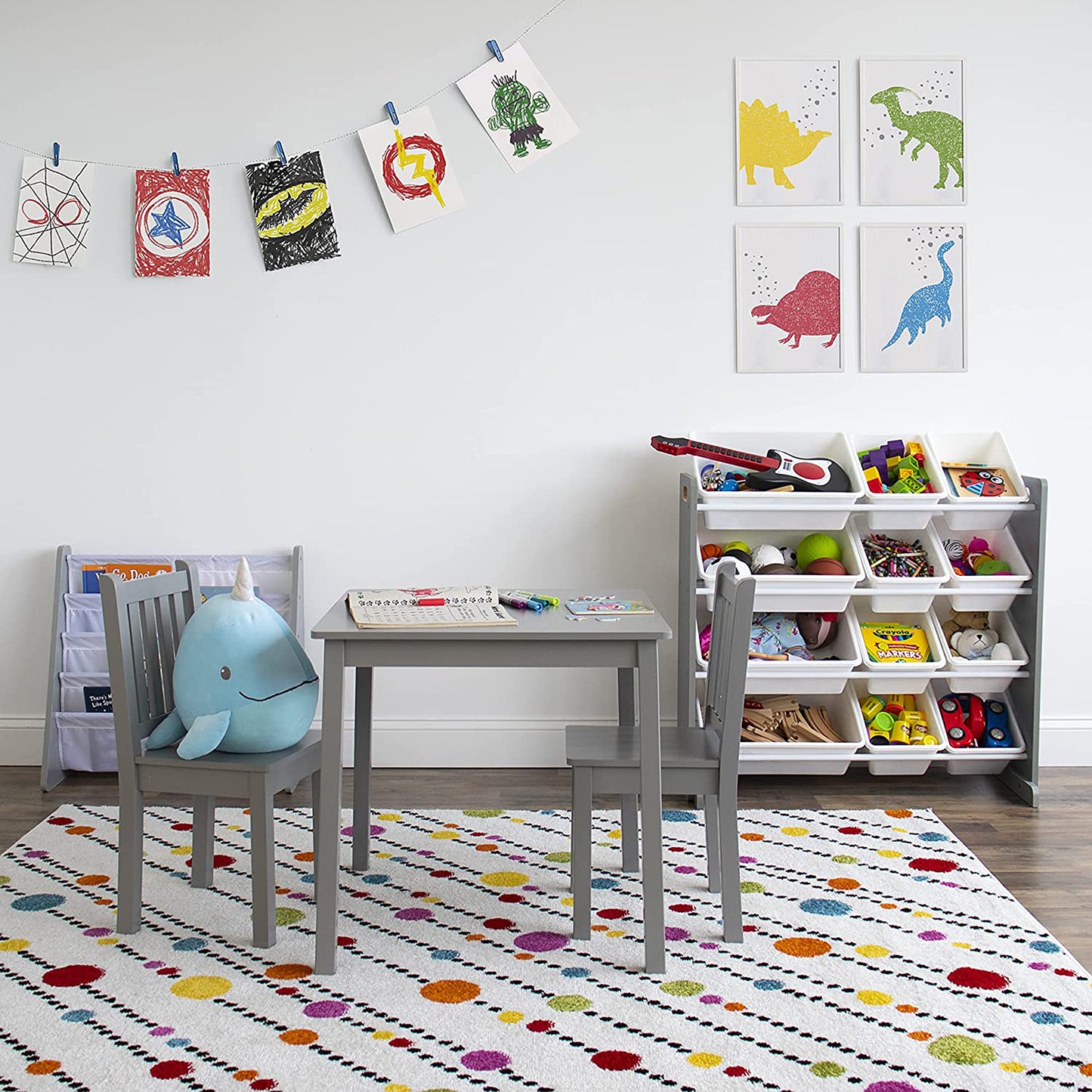 Детска Дървена Маса с 2 Столчета, Комплект  за Учене, Рисуване, Игра, Хранене - Сиво