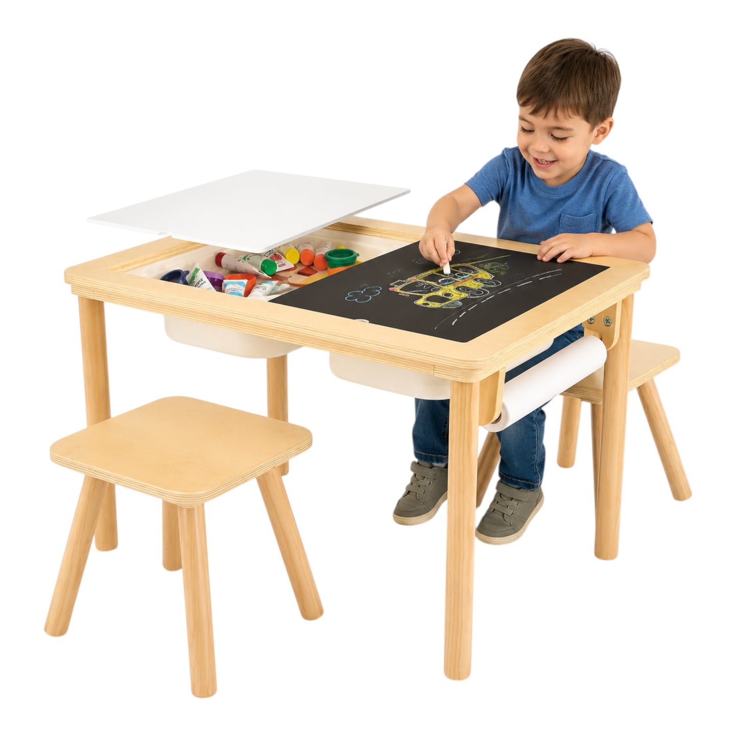 Детска Дървена Масичка за Активна Игра с 2 Столчета GINGER HOME 5 в 1, Дъска за Рисуване, Ролка Хартия и Кутии за Съхранение, 73x50x53.6 см