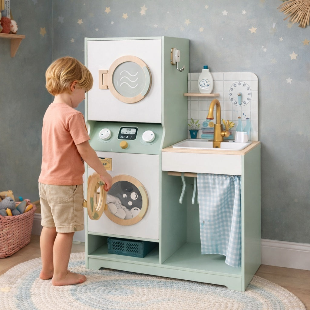 Детска дървена пералня 3 в 1 GINGER HOME – дете играе с пералнята в интериор