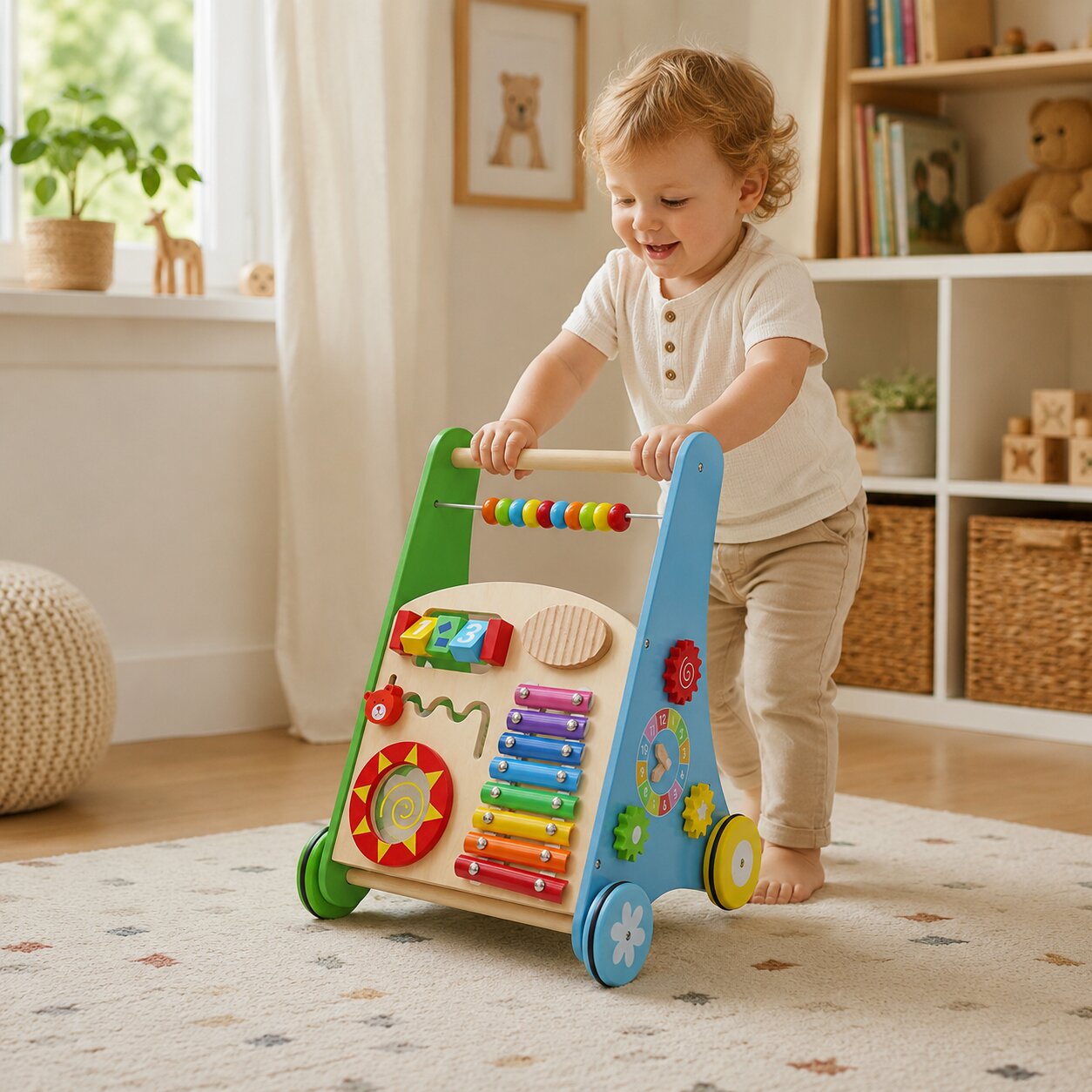 Дете използва дървена проходилка GINGER HOME за първи стъпки, баланс и активна игра у дома