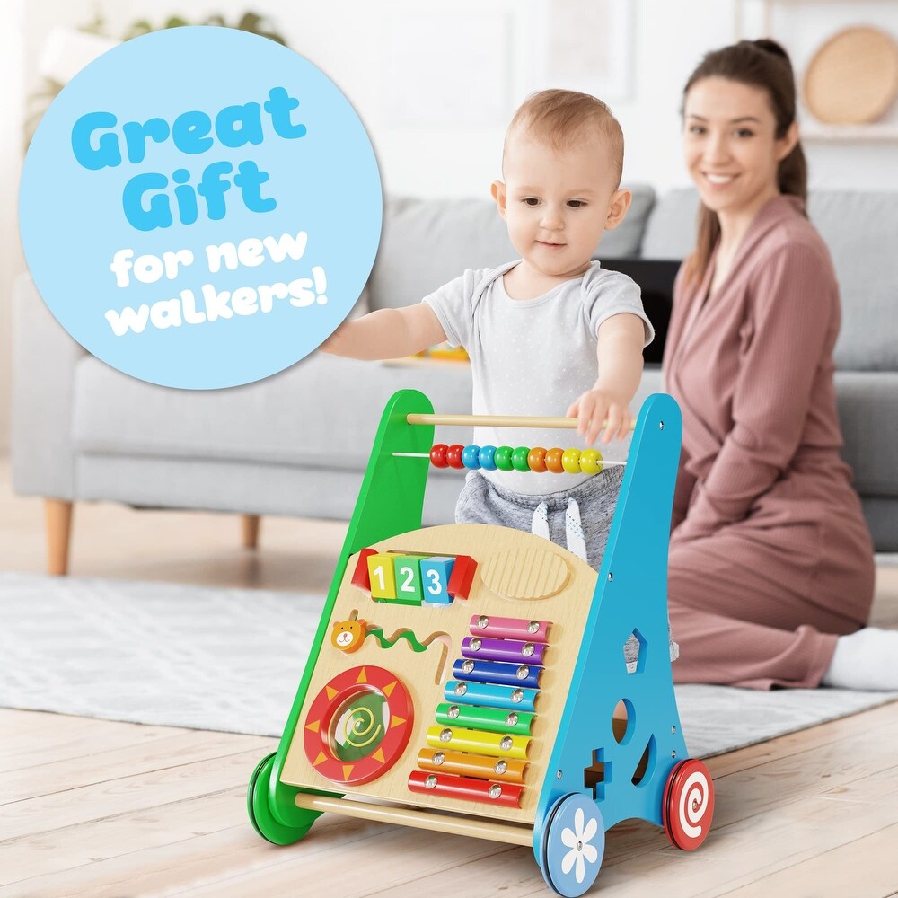 Инфографика на проходилка GINGER HOME с кош за играчки отзад и стабилна дървена конструкция