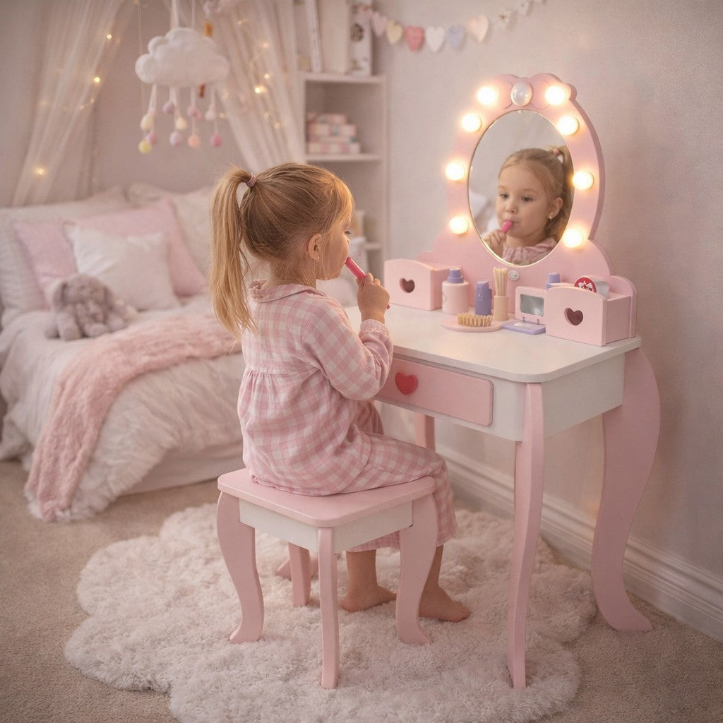 Детайли на детска дървена тоалетка GINGER HOME – чекмеджета и повърхност