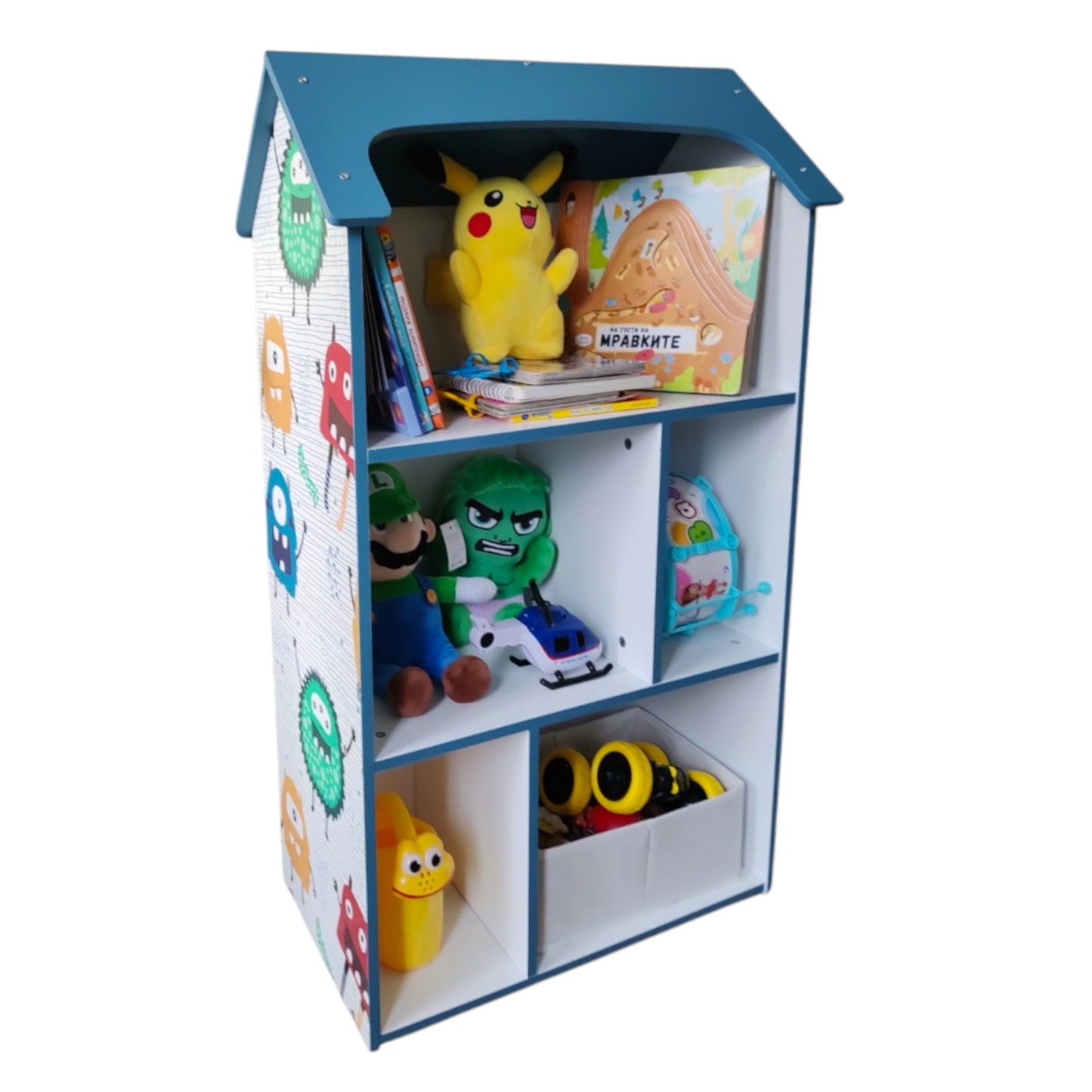 Children's wooden bookshelf in the shape of a house with a roof - UNIVERSE