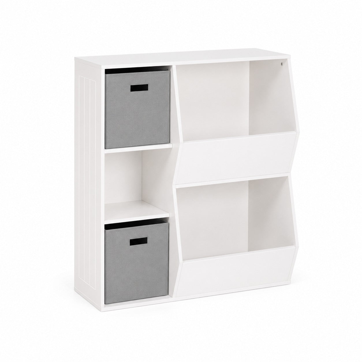 Детска Етажерка GINGER HOME, Органайзер за Книги и Играчки с 2 Текстилни Кутии, Бяла, 76.5×35×93 см