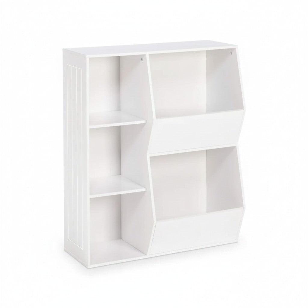 Детска Етажерка GINGER HOME, Органайзер за Книги и Играчки с 2 Текстилни Кутии, Бяла, 76.5×35×93 см