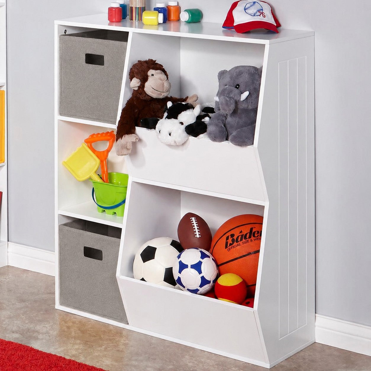 Детска Етажерка GINGER HOME, Органайзер за Книги и Играчки с 2 Текстилни Кутии, Бяла, 76.5×35×93 см