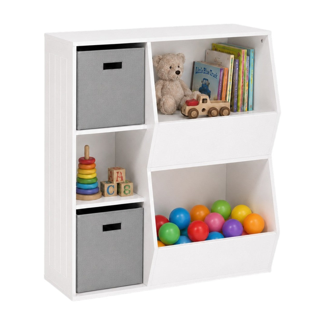 Детска Етажерка GINGER HOME, Органайзер за Книги и Играчки с 2 Текстилни Кутии, Бяла, 76.5×35×93 см