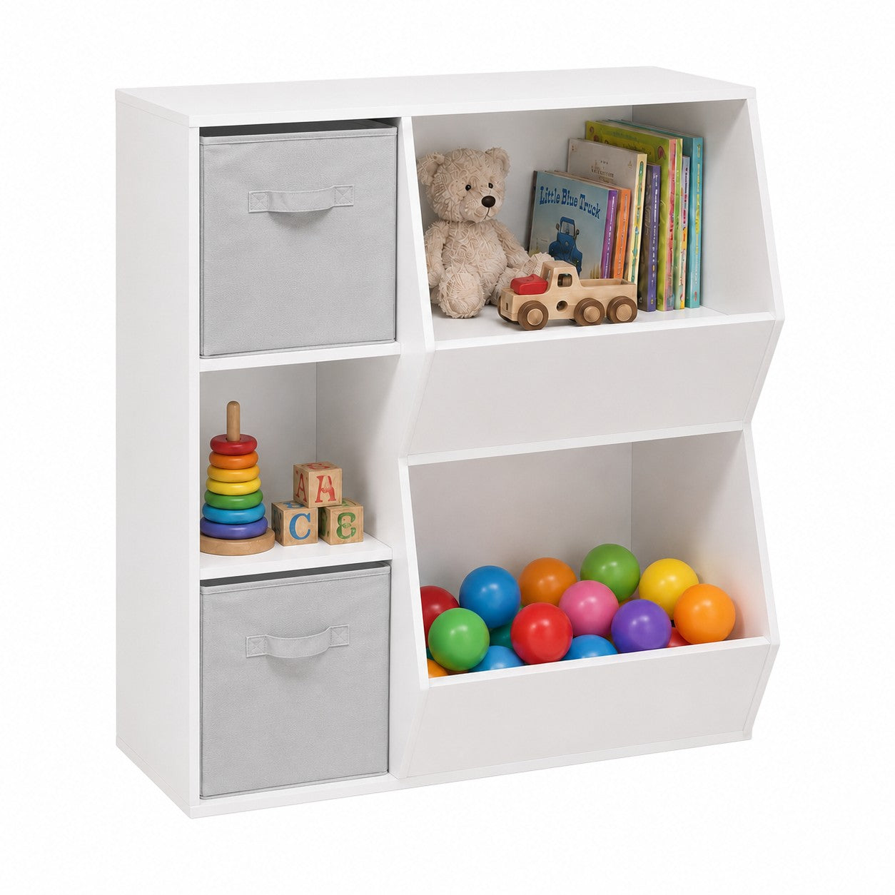 Детска етажерка GINGER HOME JWTR-3247, органайзер за книги и играчки с 2 текстилни кутии, бяла, Монтесори