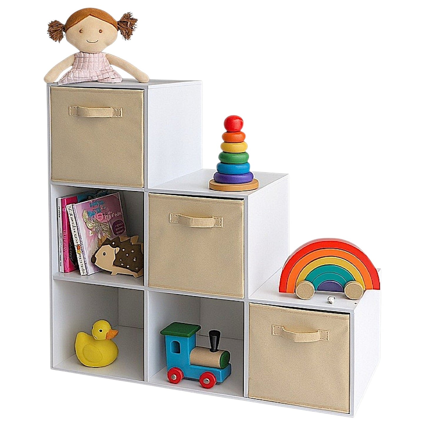 Детска Етажерка, Органайзер за Играчки, GINGER HOME с 6 Отделения и Текстилни Кутии, Бяла, Монтесори Мебел