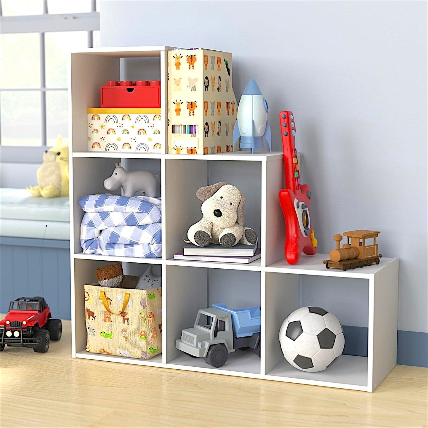 Детска Етажерка, Органайзер за Играчки, GINGER HOME с 6 Отделения и Текстилни Кутии, Бяла, Монтесори Мебел