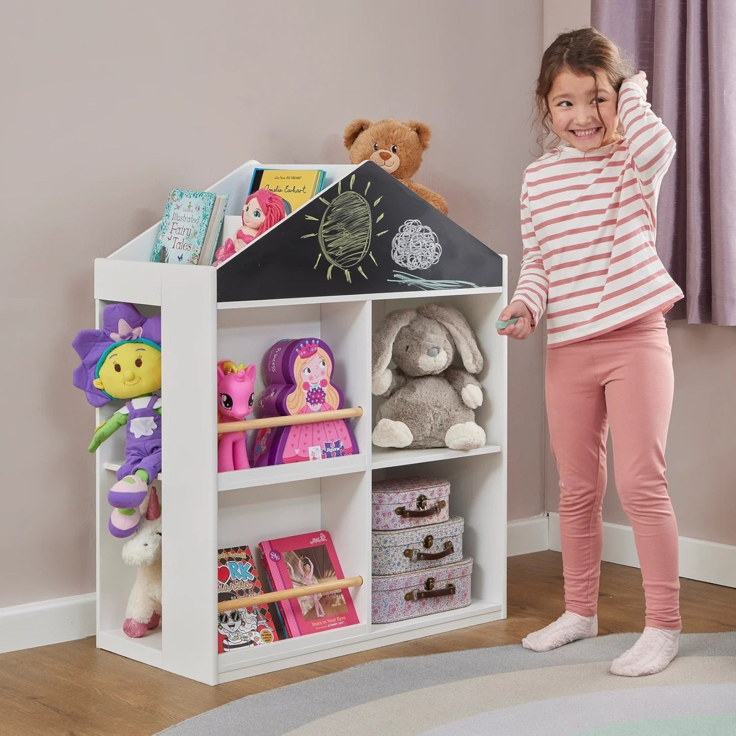 Детска Етажерка за Играчки и Книги GINGER HOME, Къща с Рафтoве и Дъска за Рисуване, Монтесори, Бяла, 72.5x40x95.8 см