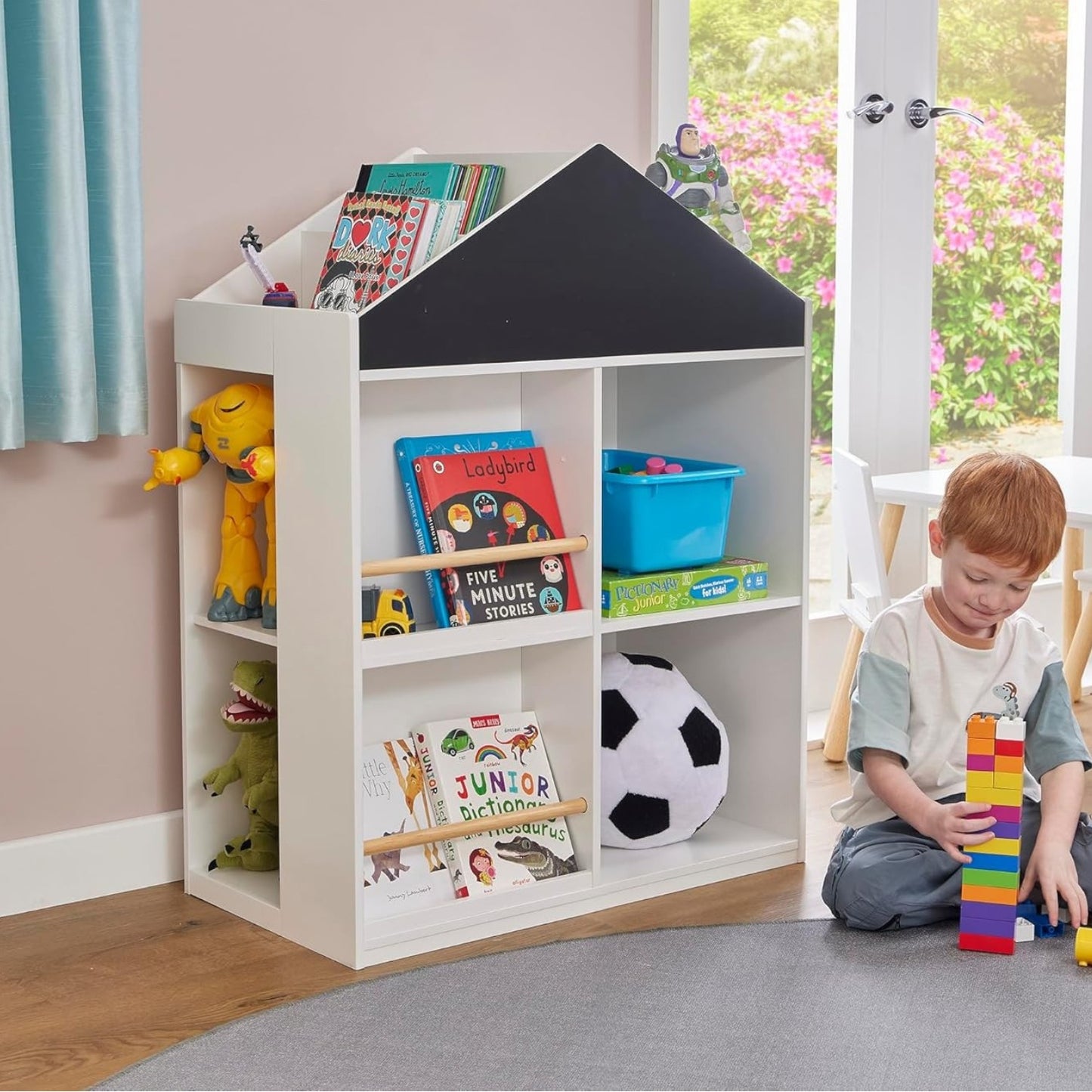 Детска Етажерка за Играчки и Книги GINGER HOME, Къща с Рафтoве и Дъска за Рисуване, Монтесори, Бяла, 72.5x40x95.8 см