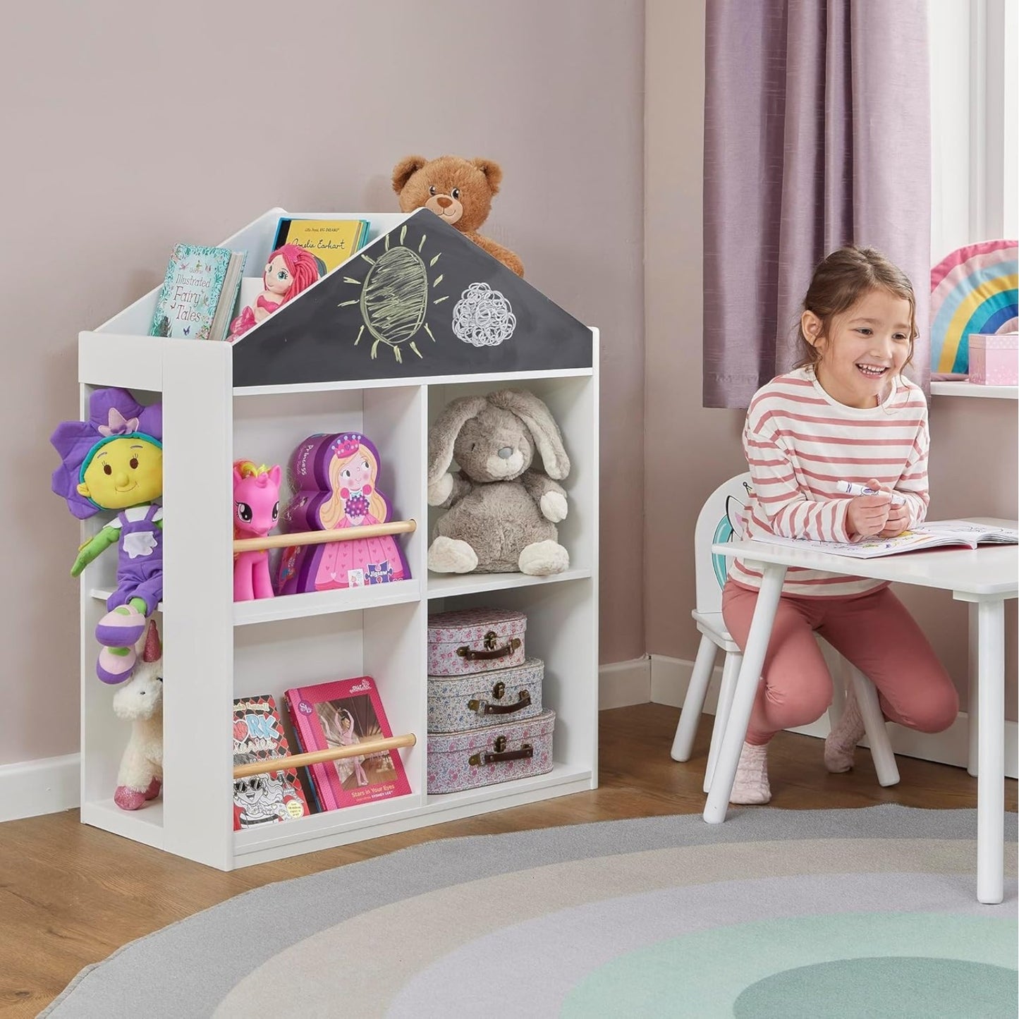 Детска Етажерка за Играчки и Книги GINGER HOME, Къща с Рафтoве и Дъска за Рисуване, Монтесори, Бяла, 72.5x40x95.8 см