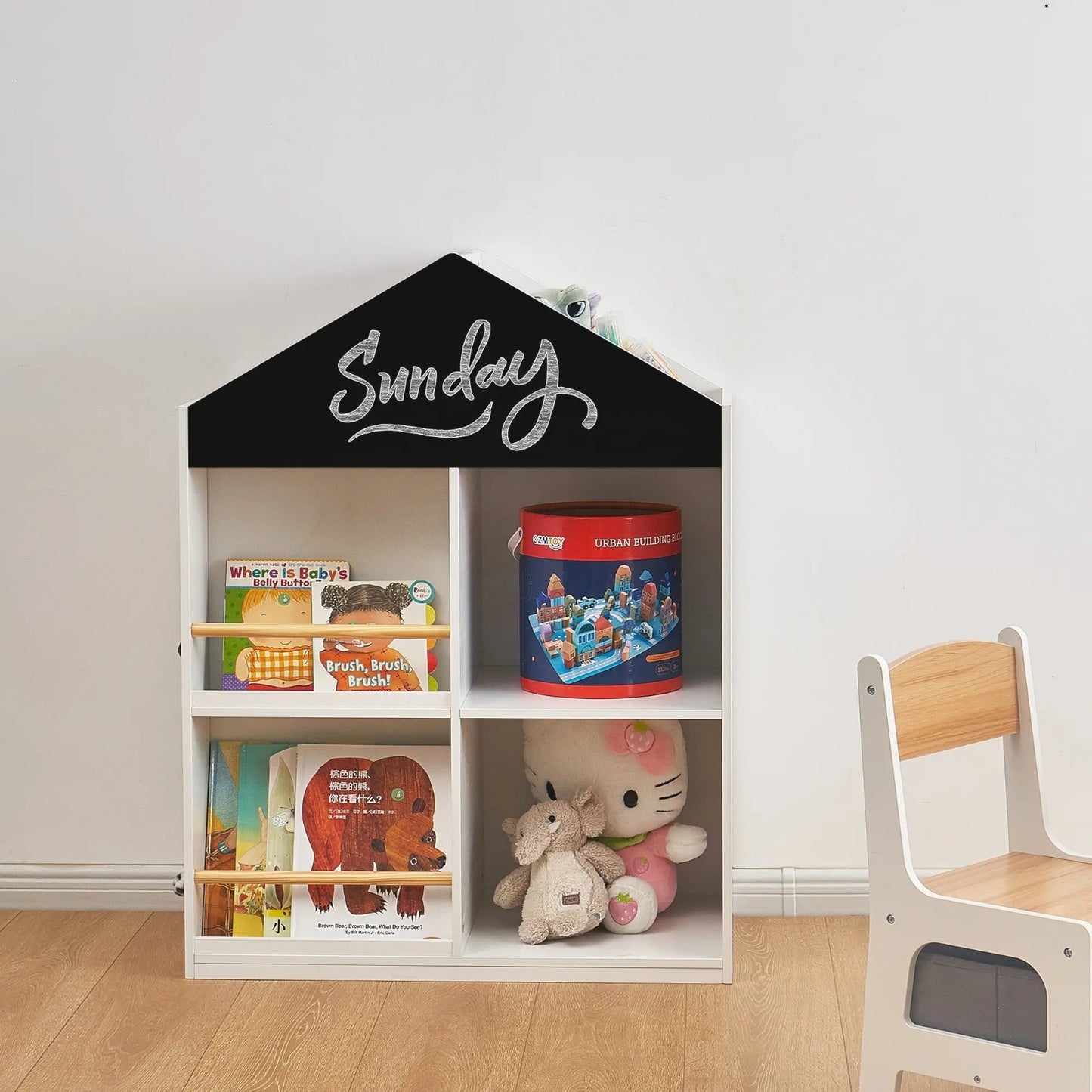 Детска Етажерка за Играчки и Книги GINGER HOME, Къща с Рафтoве и Дъска за Рисуване, Монтесори, Бяла, 72.5x40x95.8 см