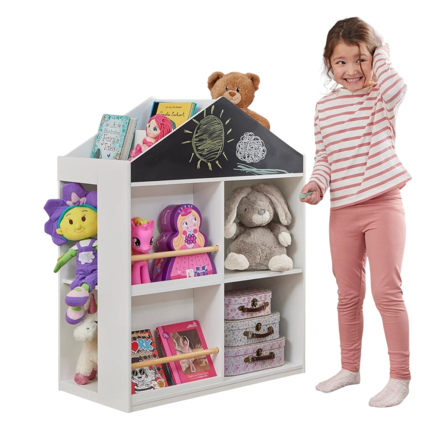 Детска Етажерка за Играчки и Книги GINGER HOME, Къща с Рафтoве и Дъска за Рисуване, Монтесори, Бяла, 72.5x40x95.8 см