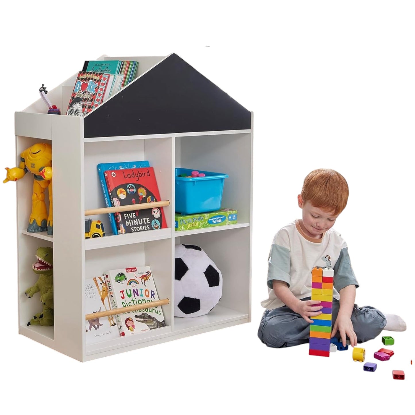 Детска Етажерка за Играчки и Книги GINGER HOME, Къща с Рафтoве и Дъска за Рисуване, Монтесори, Бяла, 72.5x40x95.8 см