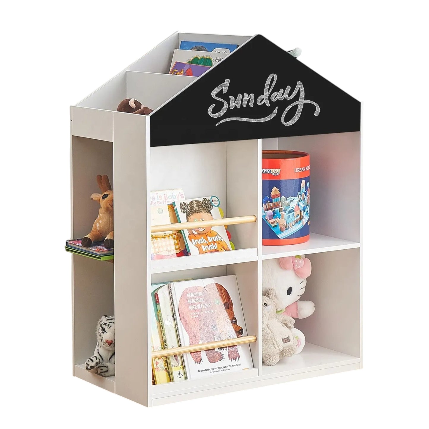 Детска Етажерка за Играчки и Книги GINGER HOME, Къща с Рафтoве и Дъска за Рисуване, Монтесори, Бяла, 72.5x40x95.8 см