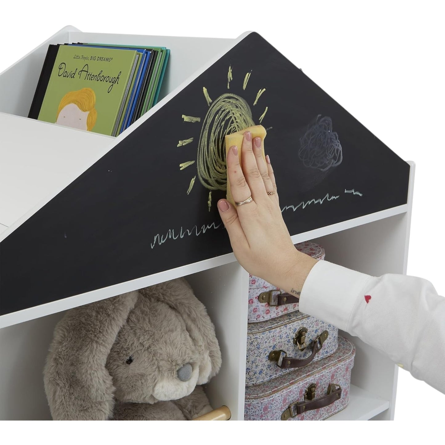 Детска Етажерка за Играчки и Книги GINGER HOME, Къща с Рафтoве и Дъска за Рисуване, Монтесори, Бяла, 72.5x40x95.8 см