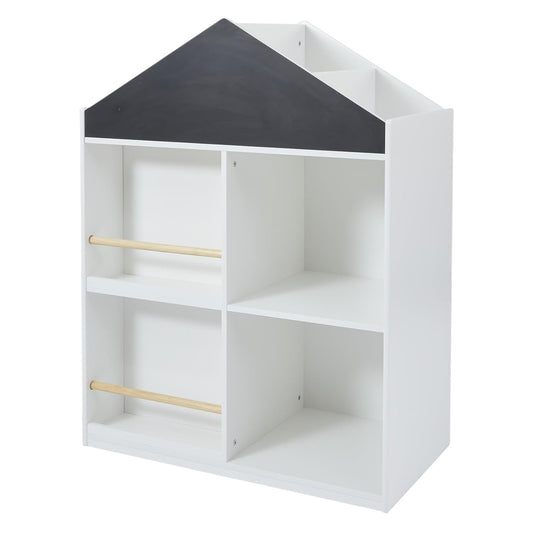 Детска Етажерка за Играчки и Книги GINGER HOME, Къща с Рафтoве и Дъска за Рисуване, Монтесори, Бяла, 72.5x40x95.8 см