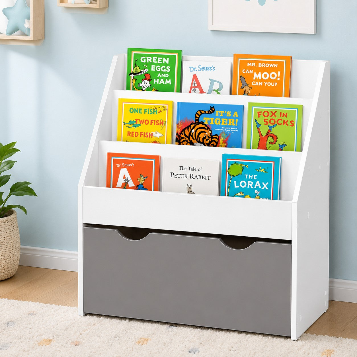 Детска Етажерка за Книги GINGER HOME, Бяла Библиотека с Чекмедже на Колелца, 63×30×70 см