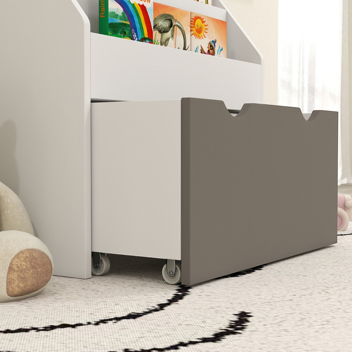 Детска Етажерка за Книги GINGER HOME, Бяла Библиотека с Чекмедже на Колелца, 63×30×70 см