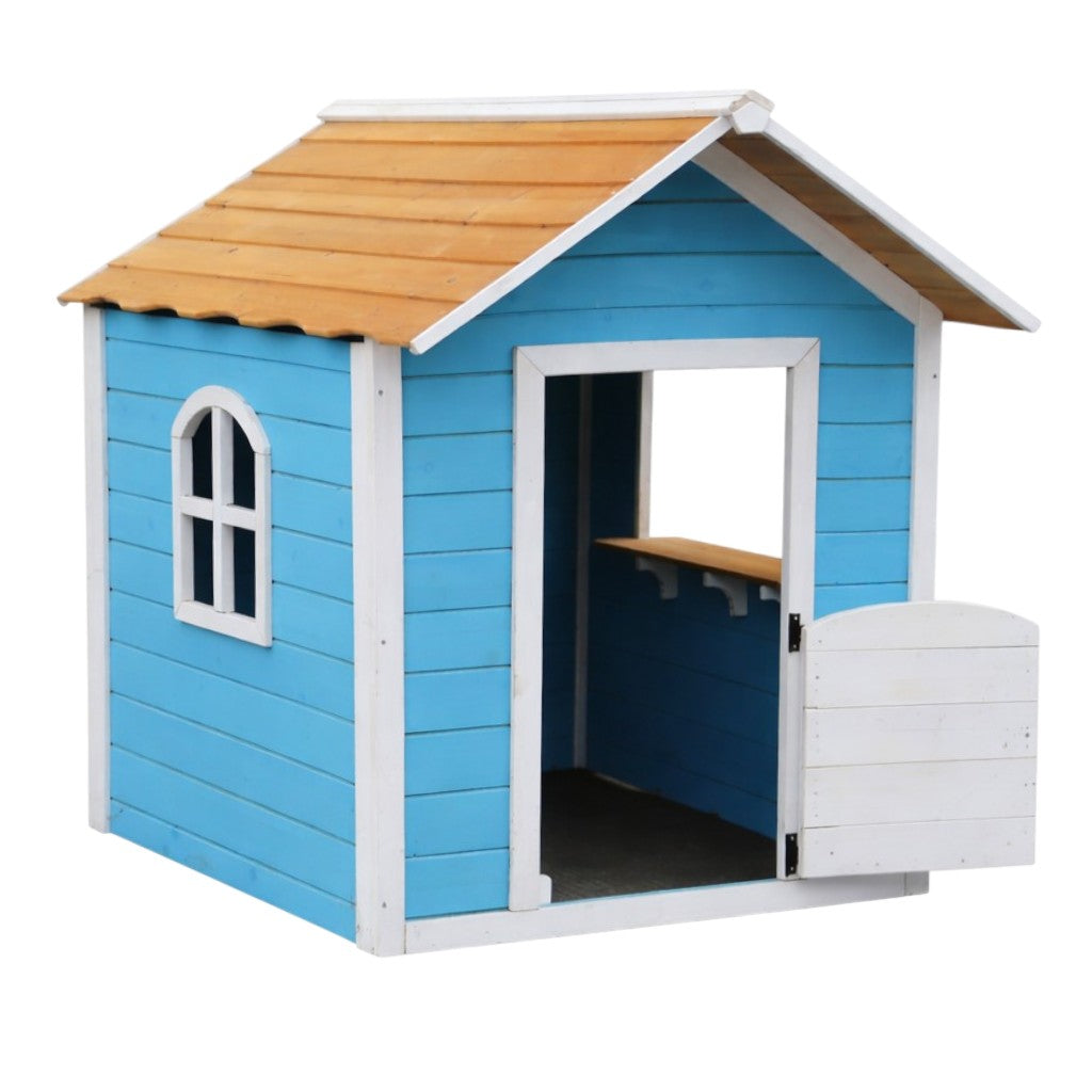 Детска дървена къщичка за игра GINGER HOME синя – изглед отпред с врата