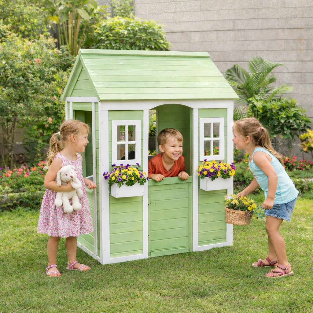 Детска дървена къщичка за игра на открито с деца, играещи в двора