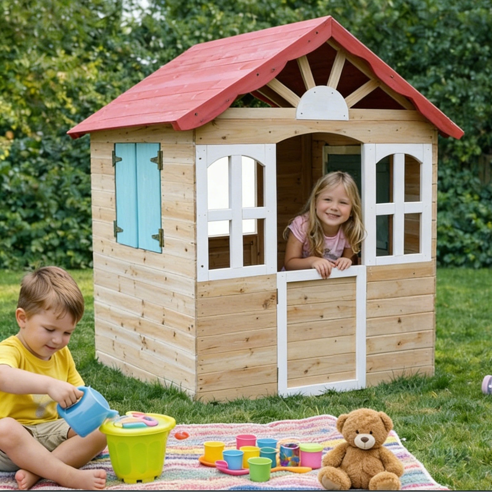 Деца играят в детска дървена къщичка GINGER HOME на открито