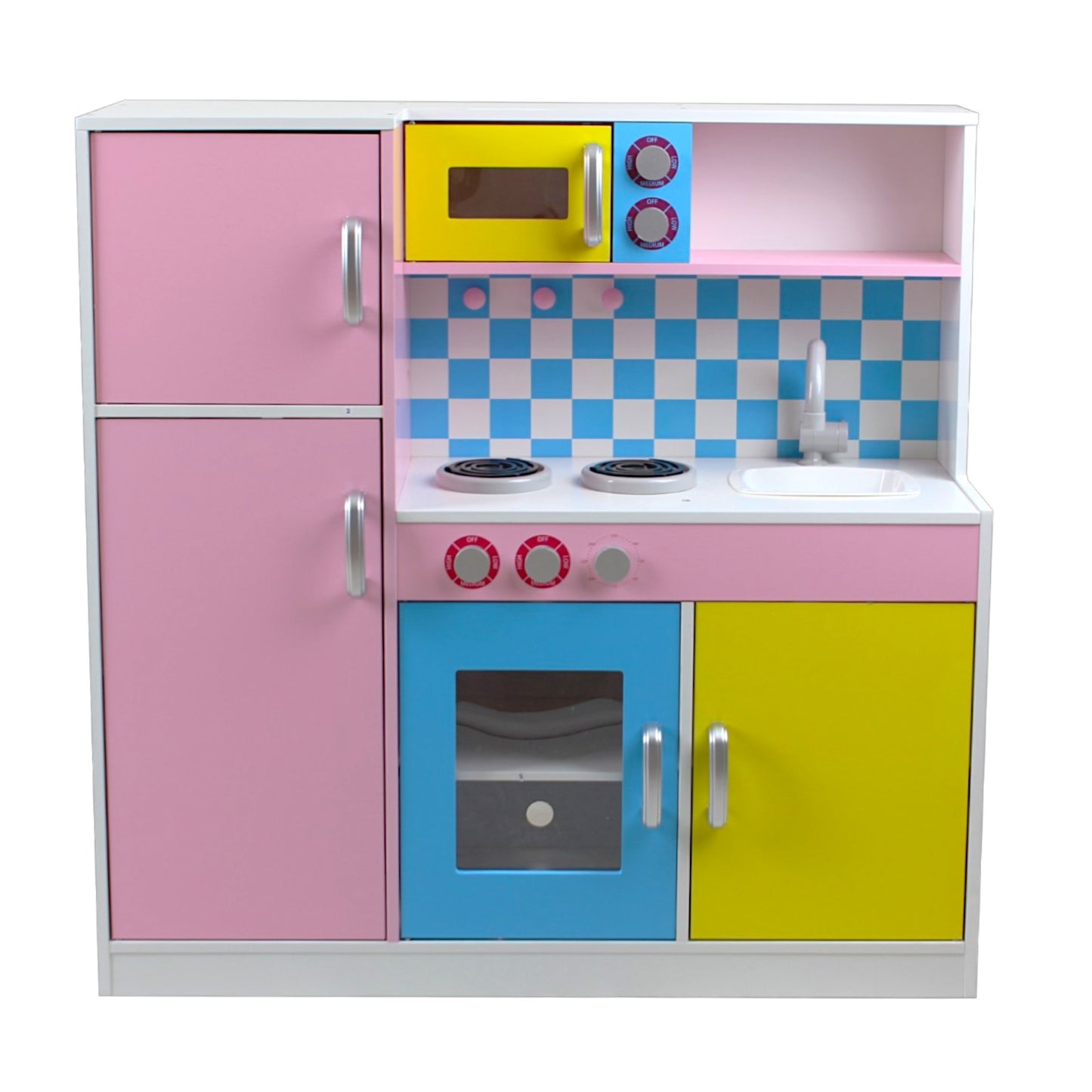 Детска Кухня GINGER HOME,  Дървена Играчка за Ролеви Игри с Цветен Дизайн, Размери 90x30x90 см