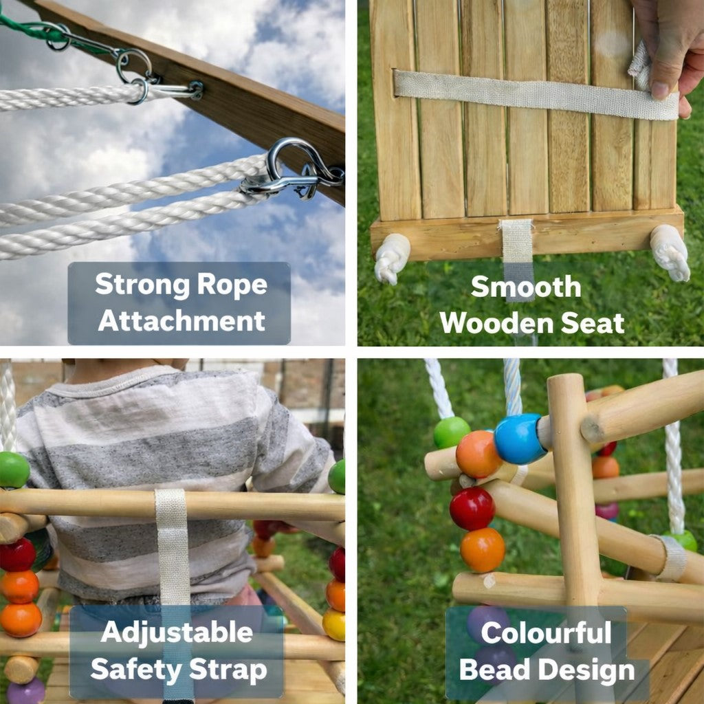 Детска люлка GINGER HOME с регулируеми въжета и цветни дървени мъниста, детайли на конструкцията