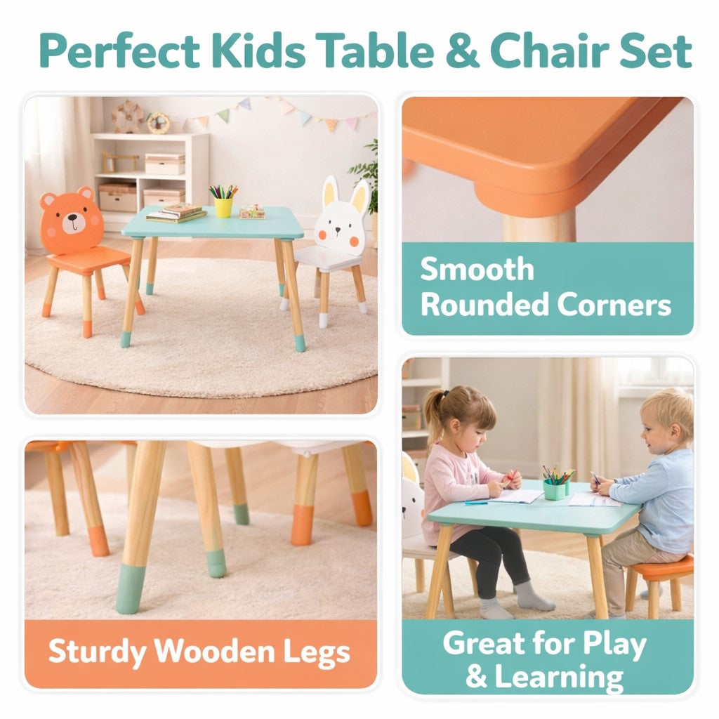 Различни варианти на комплекта детска маса GINGER HOME в бяло и естествено дърво, показани в колаж