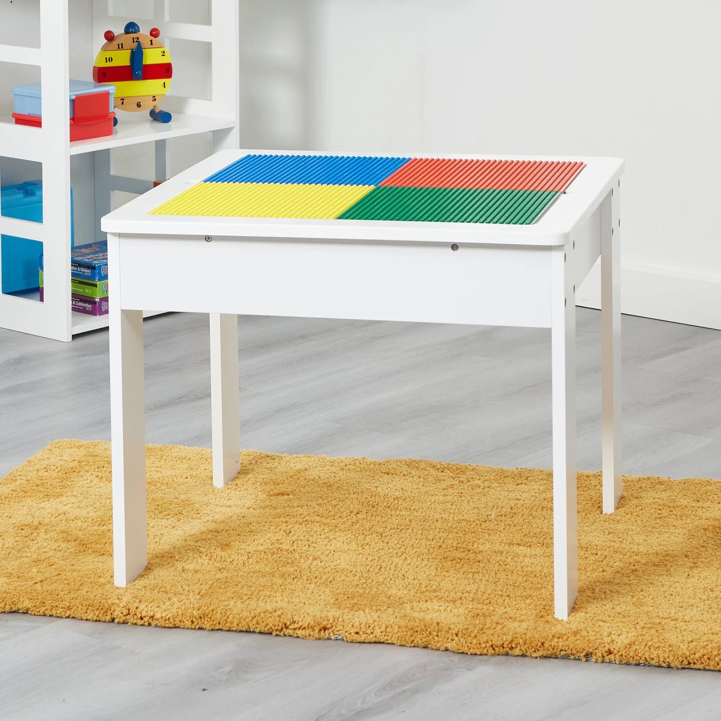 Детска Маса с 2 Столчета, Двустранна, Комплект от Дърво за Учене, Рисуване, Писане, Редене на Конструктори тип LEGO - WHITE/GRAY
