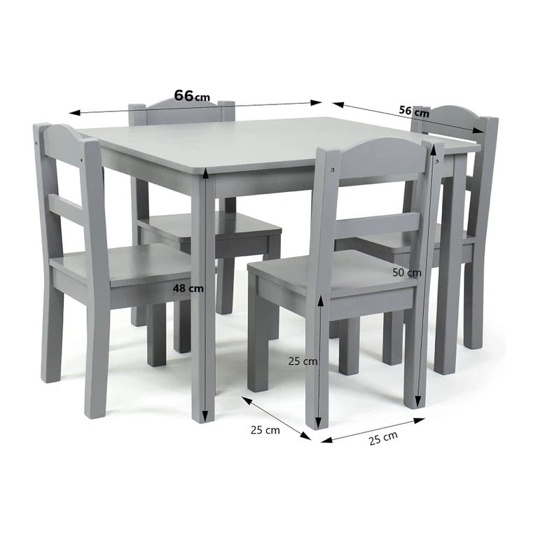 Детска маса с 4 столчета GINGER HOME – изглед под ъгъл, размери, дървен комплект в сиво
