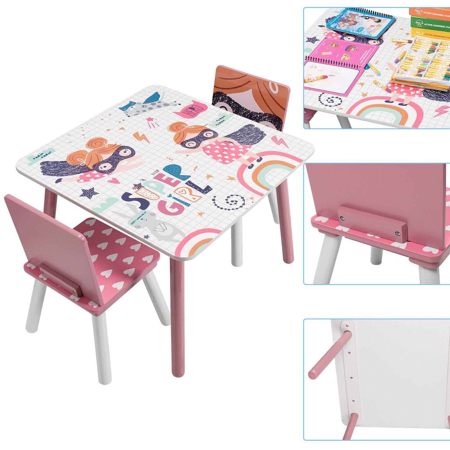 Детска Маса със Столчета, Комплект от Дърво - за Учене, Игра, Хранене, Мебели за Детска Стая, Бяло и Розово - SUPER GIRL