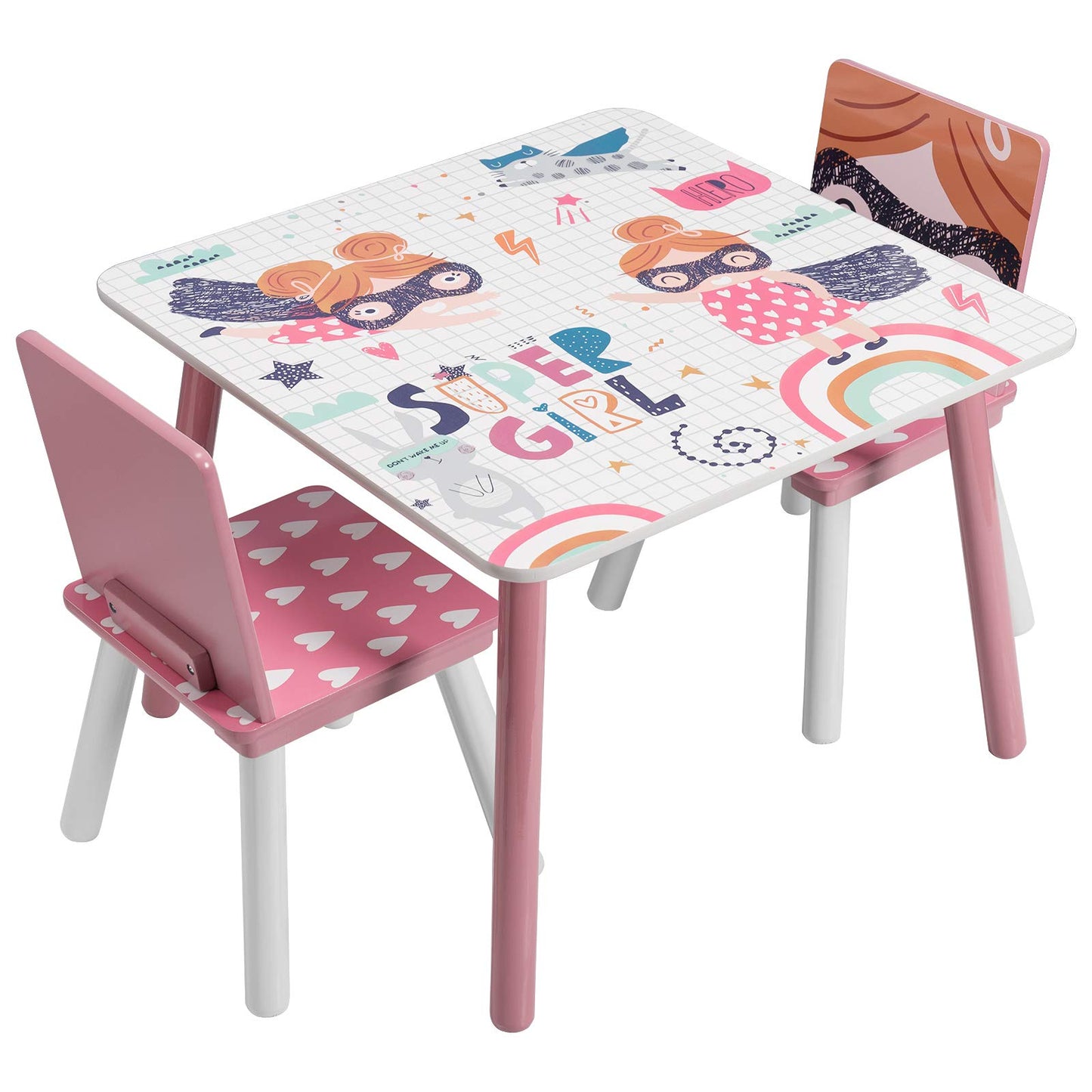 Детска Маса със Столчета, Комплект от Дърво - за Учене, Игра, Хранене, Мебели за Детска Стая, Бяло и Розово - SUPER GIRL