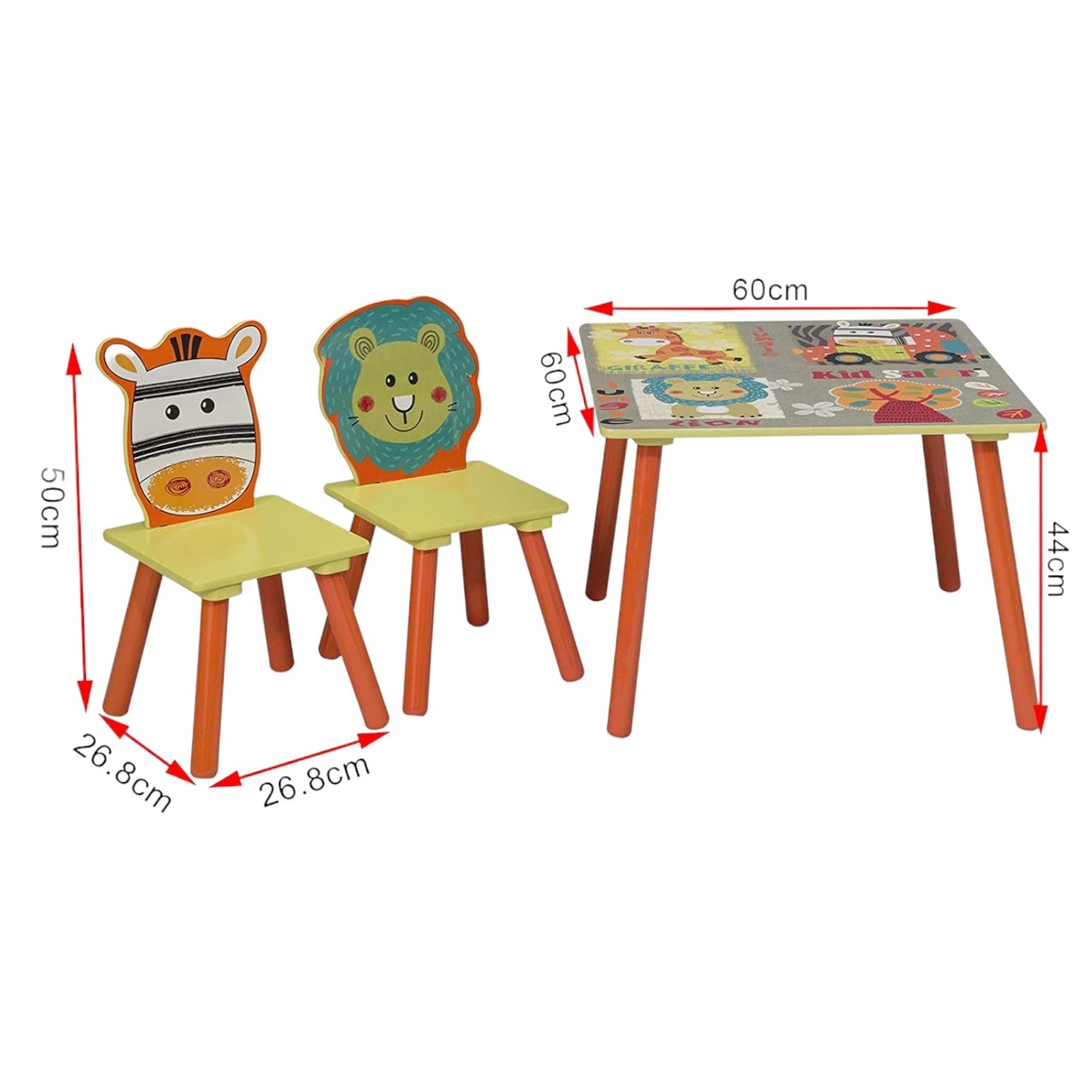 Детска Маса с 2 Столчета, Комплект от Дърво - за Учене, Игра, Рисуване, Хранене - SAFARI