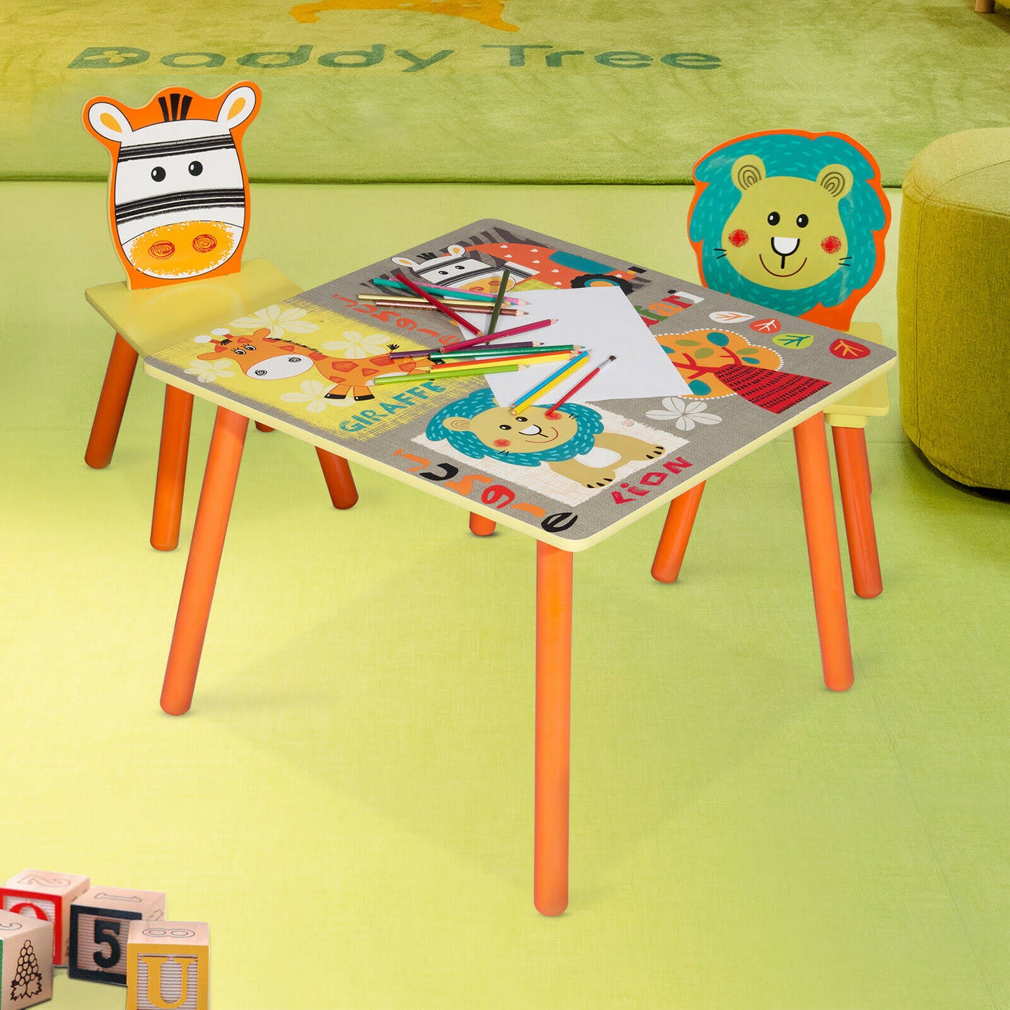Детска Маса с 2 Столчета, Комплект от Дърво - за Учене, Игра, Рисуване, Хранене - SAFARI