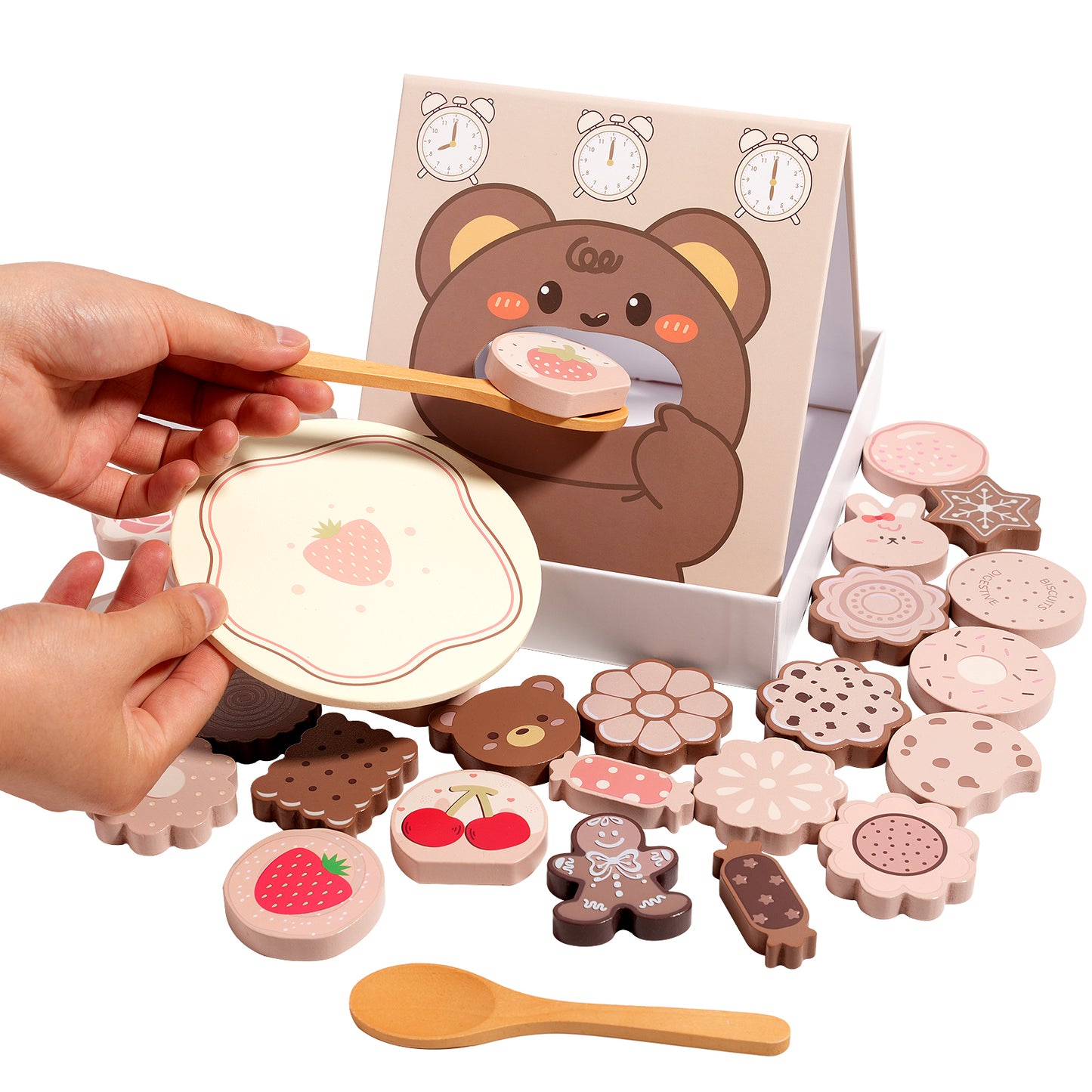 Дървена Монтесори играчка GINGER HOME „Нахрани Зайчето и Мечето“ с 30 бисквитки, лъжички и чинии за фина моторика