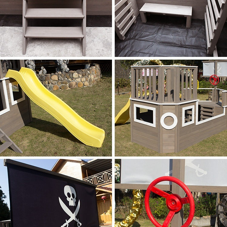 Пързалка и горна платформа на детска дървена катерушка пиратски кораб