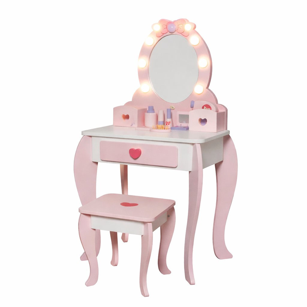 Детска розова тоалетка със столче и огледало GINGER HOME – фронтален изглед
