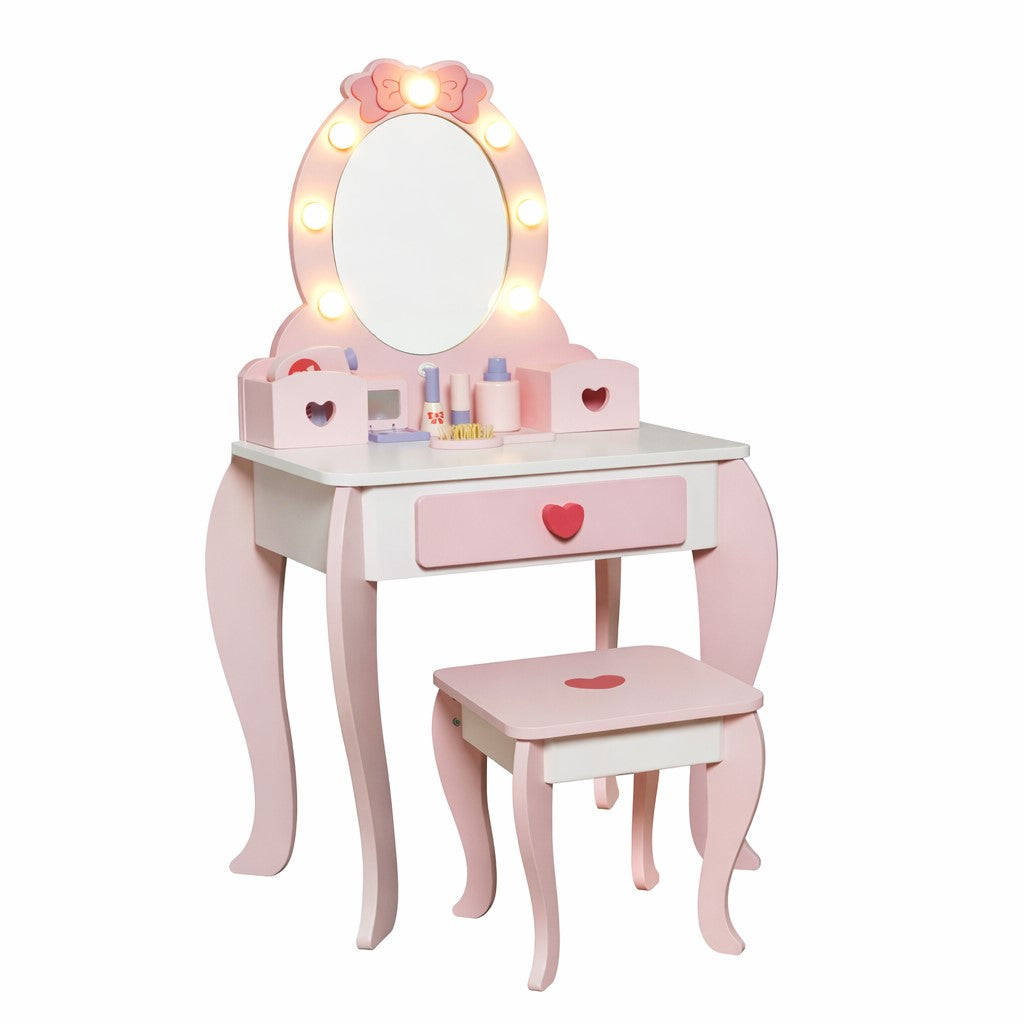 Детска дървена тоалетка GINGER HOME в розово със столче – изглед от ъгъл