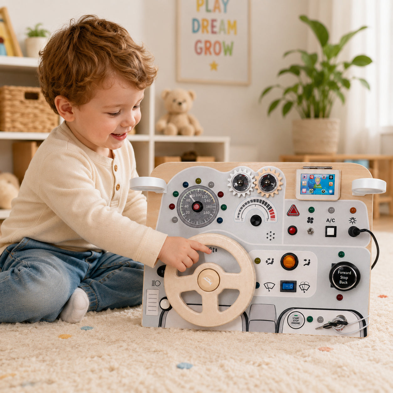 Дете играе с дървен бизи борд кола GINGER HOME с волан и звукови функции