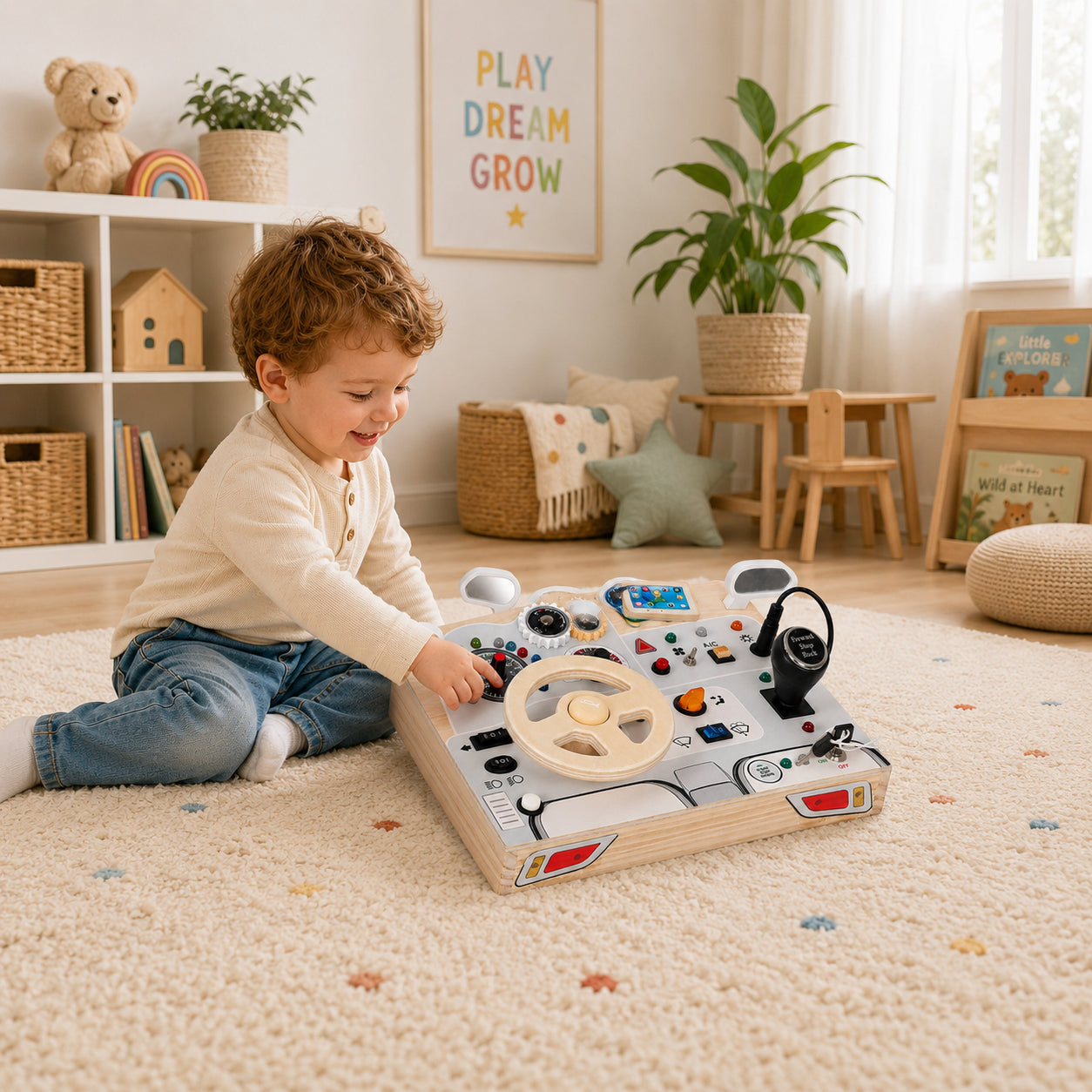 Момченце играе с дървен бизи борд кола GINGER HOME в детска стая