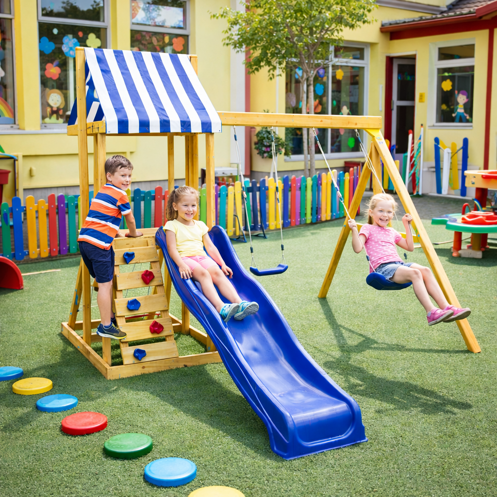 Деца играят на детски дървен комплект за игра на открито GINGER HOME