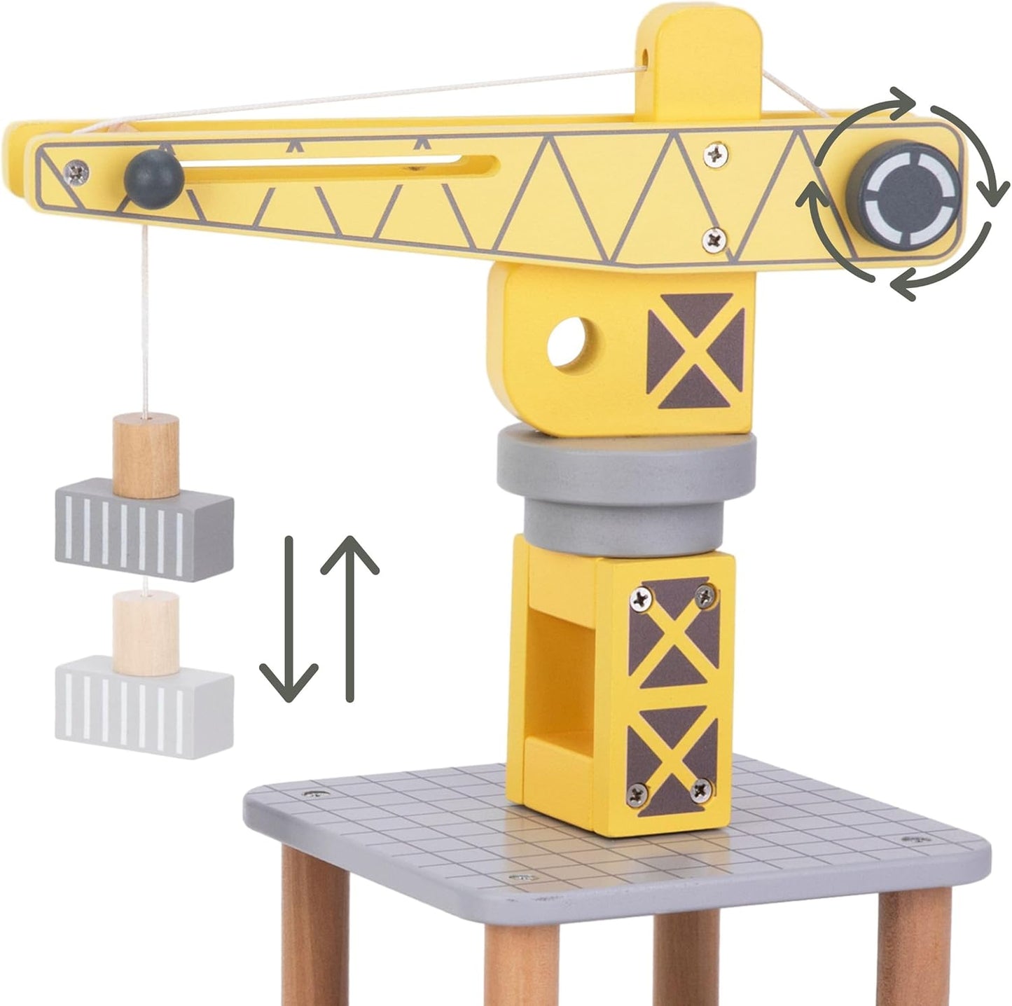 Близък план на механизма за повдигане и въртене на дървения кран GINGER HOME