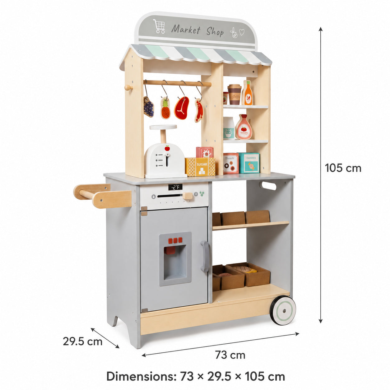 Размери на детски дървен магазин GINGER HOME 2 в 1 – 73 x 29.5 x 105 см