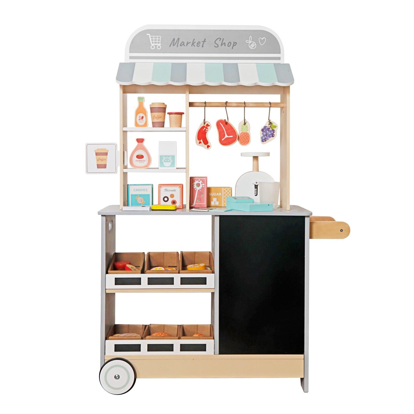 Дървен детски магазин GINGER HOME 2 в 1 с рафтове за продукти и черна дъска за игра