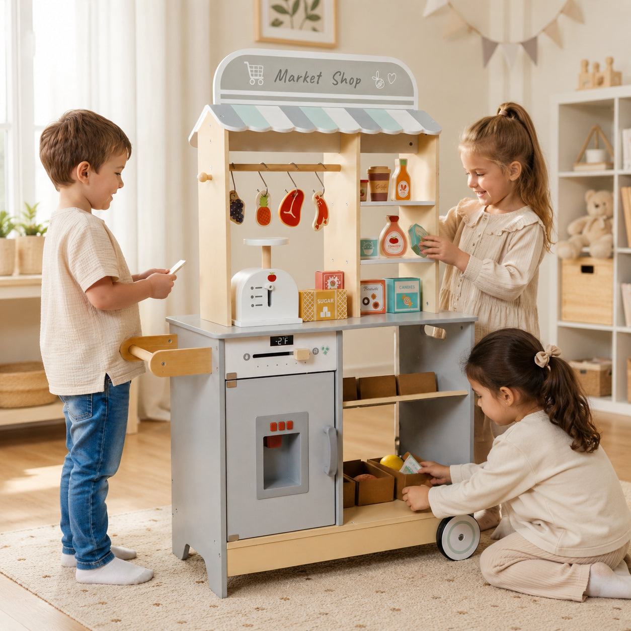 Деца играят с детски дървен магазин GINGER HOME в уютна детска стая